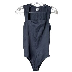 OOQ Black Ribbed Square Neck XL Tank‎ Bodysuit Nylon Spandex viral TikTok